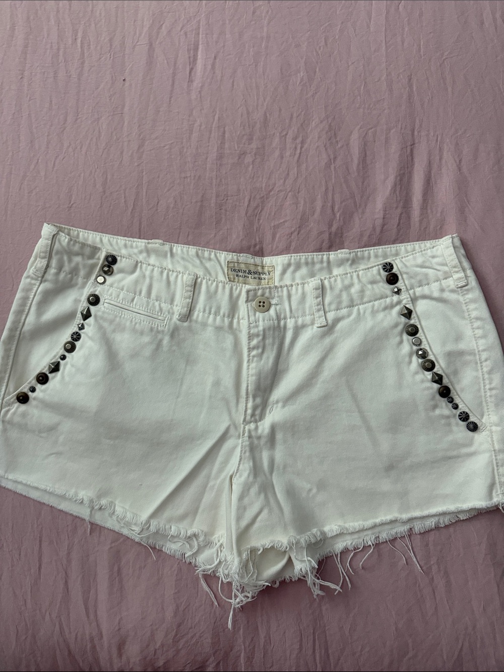 Denim & Supply Ralph Lauren White Denim Shorts with Black Studs
